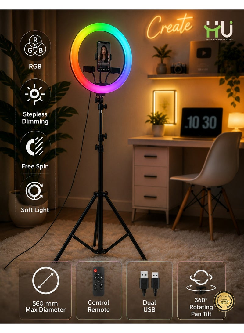 H U RGB LED Soft Ring Light 560mm – Large Ring Light with Remote Control, Dual USB Charging & 360° Rotating Pan Tilt for Makeup, Live Stream & Photography - Image 3