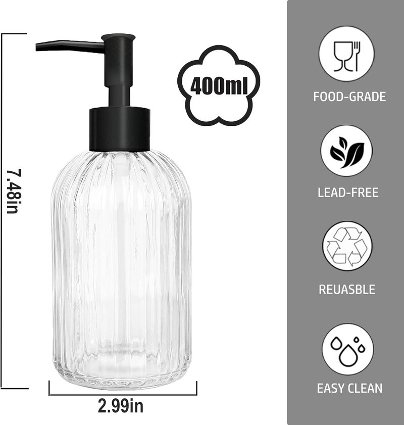14 oz black pump head transparent striped glass soap dispenser refillable countertop hand sanitizer detergent bottle - Image 2