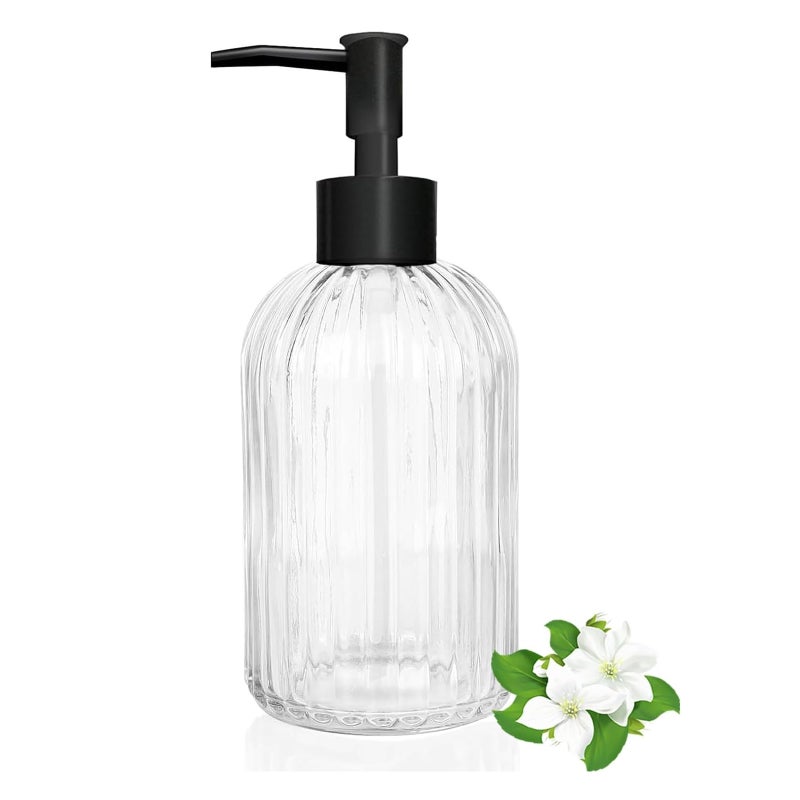 14 oz black pump head transparent striped glass soap dispenser refillable countertop hand sanitizer detergent bottle - Image 1