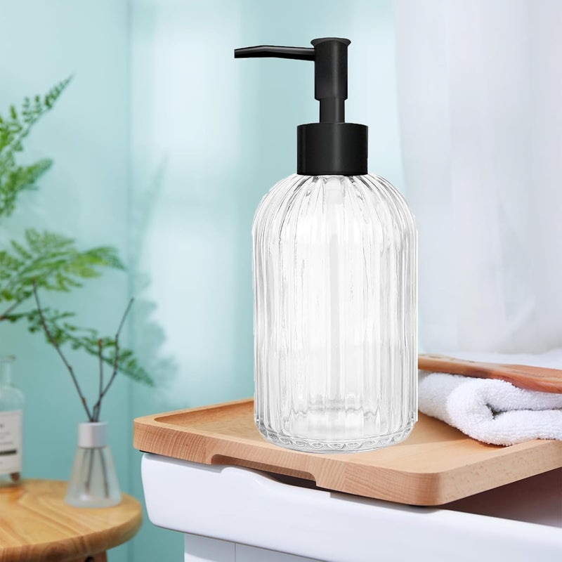14 oz black pump head transparent striped glass soap dispenser refillable countertop hand sanitizer detergent bottle - Image 4