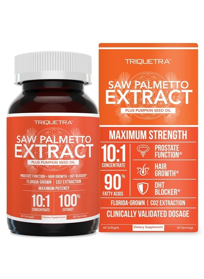 Triquetra Health Saw Palmetto Extract – 10X Potency, Pharmaceutical Grade Strength - Plus Pumpkin Seed Oil - Supports Prostate Health, Relieves Urination Issues, Supports Hair Growth, DHT Blocker – 60 Softgels  - Image 1