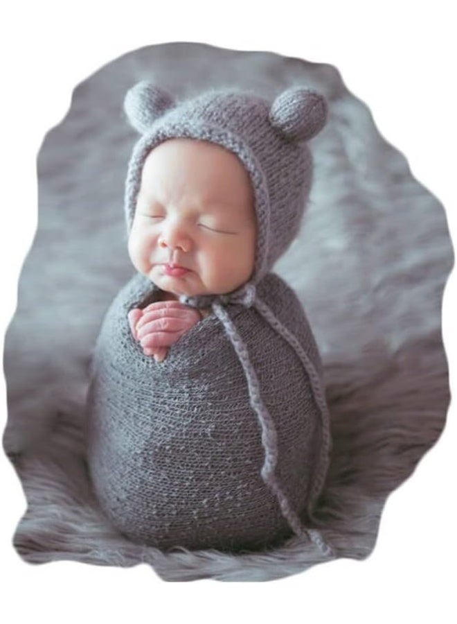 Vemonllas Newborn Baby Photography Props Outfits Hat Long Ripple Wrap Set for Boys Girls Photography (Light Gray) - Image 1