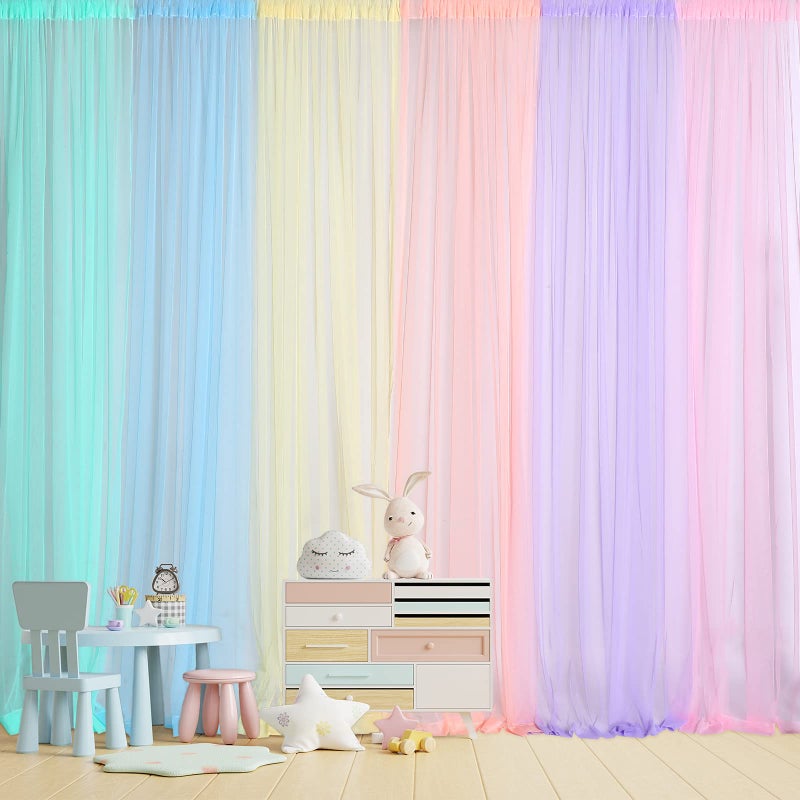 Tatuo Pastel Rainbow Backdrop Curtains Sheer Curtain Tulle Panels for Kid Unicorn Baby Birthday Party Window Classroom Decorations 6 Panels354 Inch 30 Feet in Total WidthBright Color - Image 2