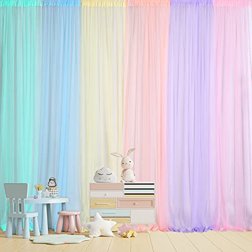 Tatuo Pastel Rainbow Backdrop Curtains Sheer Curtain Tulle Panels for Kid Unicorn Baby Birthday Party Window Classroom Decorations 6 Panels354 Inch 30 Feet in Total WidthBright Color - Image 1