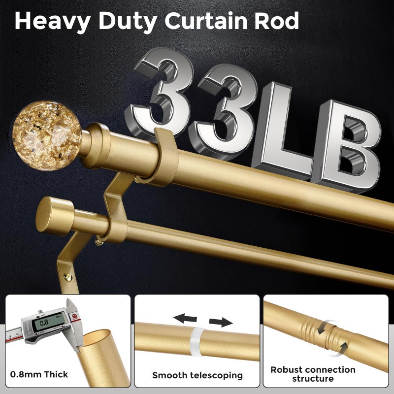 Wolistsa Gold Double Curtain Rods for Windows 72 to 144 Inch, Extra Long Dual Curtain Rod with Decorative Crystal Gold Foil Finial, 1" Adjustable Heavy Duty Vintage Spliced Window Treatment Rods - Image 3