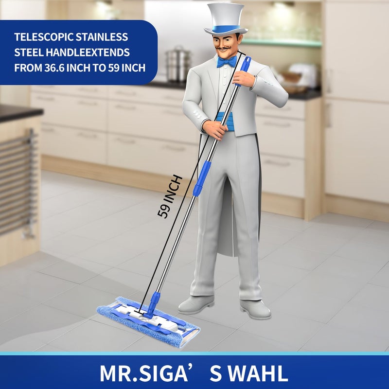 Mr Siga MR.SIGA Professional Microfiber Mop for Hardwood, Laminate, Tile Floor Cleaning, Stainless Steel Telescopic Handle - 3 Reusable Flat Mop Refills and 1 Dirt Removal Scrubber Included - Image 2