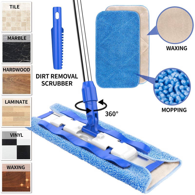 Mr Siga MR.SIGA Professional Microfiber Mop for Hardwood, Laminate, Tile Floor Cleaning, Stainless Steel Telescopic Handle - 3 Reusable Flat Mop Refills and 1 Dirt Removal Scrubber Included - Image 3