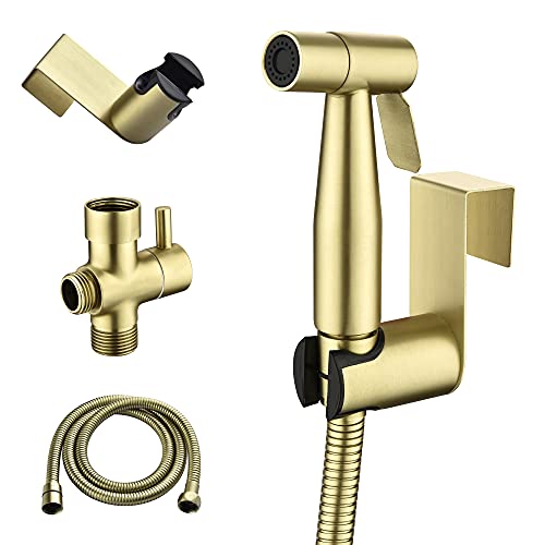 SHAMANDA Handheld Bidet Sprayer for Toilet, Stainless Steel Baby Cloth Diaper Sprayer Kit, Bathroom Toilet Bidet Attachment Set for Bathing Pets Feminine Hygiene, Brushed Gold BDS01-3 - Image 1