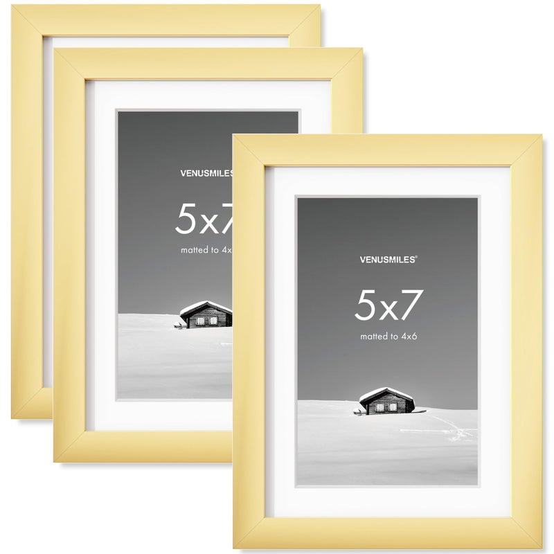 Venusmiles 5x7 inch Picture Frame  5x7 Photo Frames with 4x6 Removable Mat - High Definition Plexiglass - Vertical and Horizontal Display - Wall Hanging Frame - Gold  3 Pack - Image 1