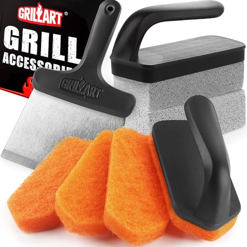 GRILLART Griddle Cleaning Kit for Blackstone, Flat Top Grill Cleaning Kit with Grill Stone, Griddle Scraper, Scouring Pad and Handles, Multifunctional Griddle Accessories for Rusty Grills, Orange - Image 1