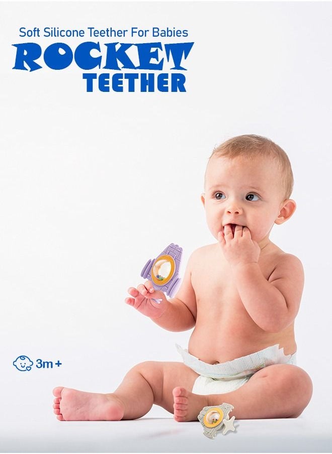 BAYBEE - Rocket Silicone Teether For Baby Bpa Free Food Grade Silicone Teether For Babies To Soothe Their Gums Chewing Rattle Toy Teething Toys Rattle Teether For 6 To 12 Months Baby Infant Violet - Image 1
