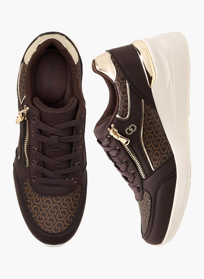 سيليست Women's Monogram Print Sneakers with Lace-Up Closure and Zip Detail