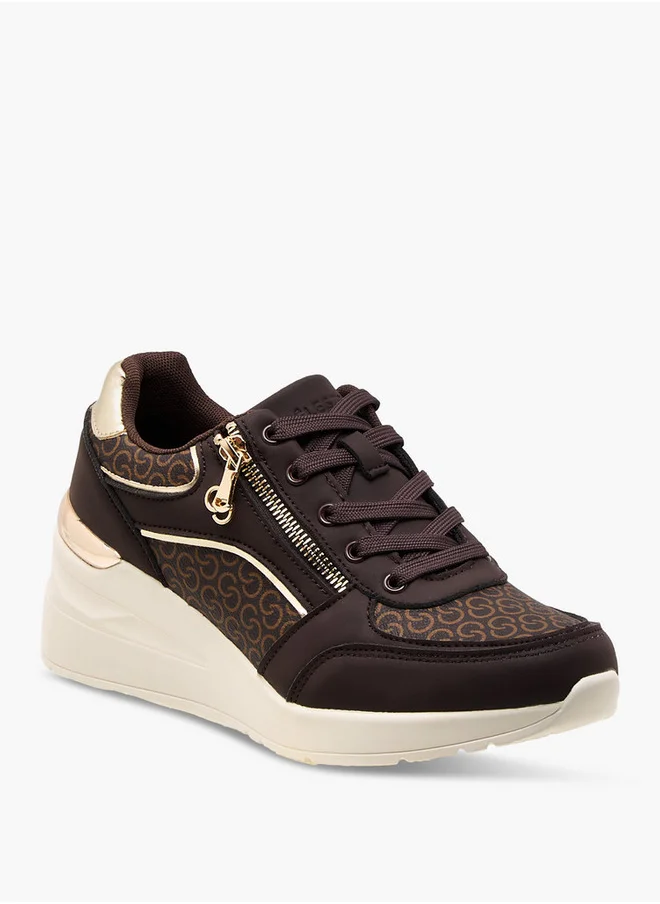 سيليست Women's Monogram Print Sneakers with Lace-Up Closure and Zip Detail
