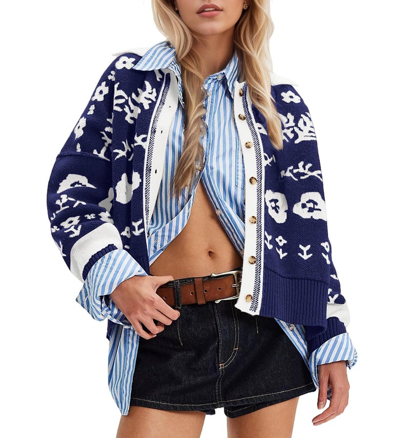MISSACTIVER Floral Print Button Down Cardigan Sweaters for Women Long Sleeve V Neck Open Front Knit Crop Tops Fall Jacket Navy Blue - Image 1