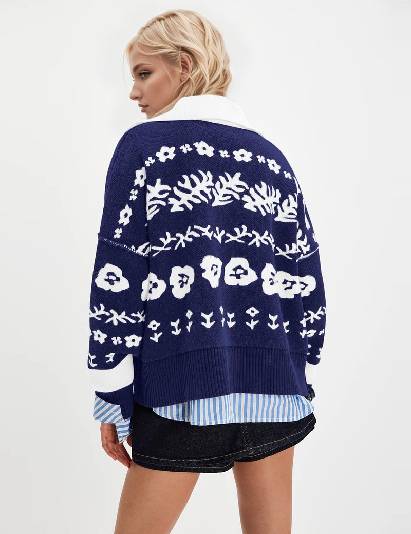 MISSACTIVER Floral Print Button Down Cardigan Sweaters for Women Long Sleeve V Neck Open Front Knit Crop Tops Fall Jacket Navy Blue - Image 3