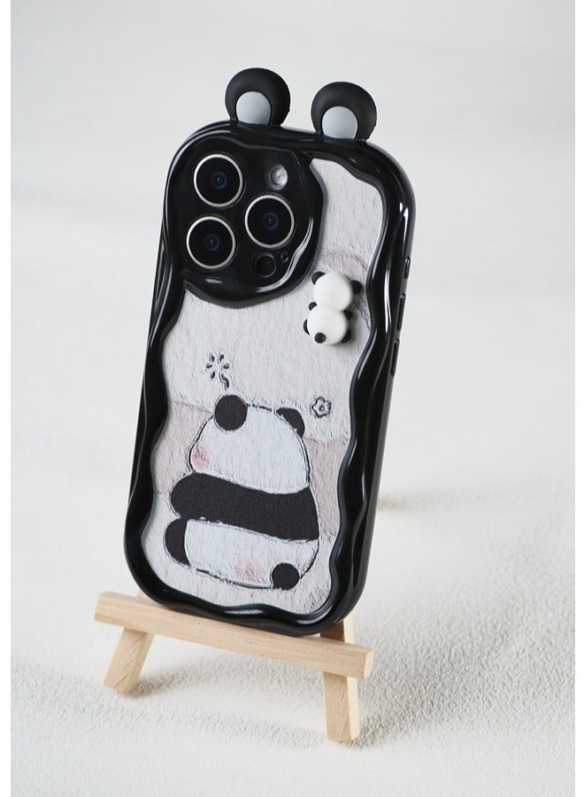ShebSheb Cute Panda iPhone 13 Pro Max Case Cartoon Animal 3D Ears Panda Wavy Edge Protector,Soft Silicone Back Phone Cover  - Image 3