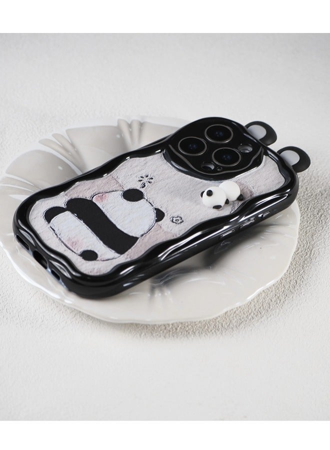 ShebSheb Cute Panda iPhone 13 Pro Max Case Cartoon Animal 3D Ears Panda Wavy Edge Protector,Soft Silicone Back Phone Cover  - Image 5