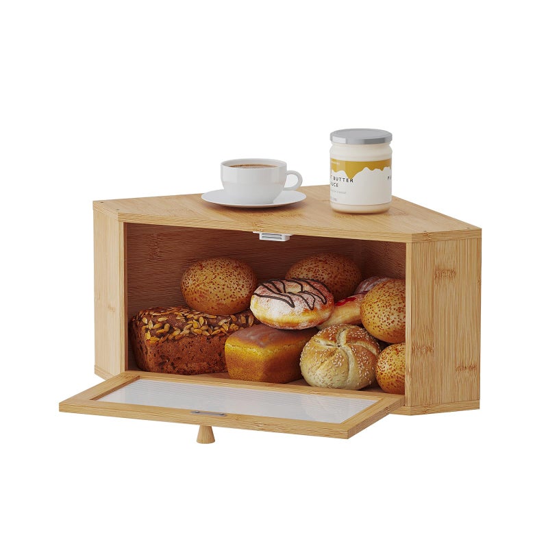 kiplant Corner Bread Box for Kitchen Countertop - Bamboo Wood, Wavy Acrylic Door, Bread Storage Container, Large Bread Holder (Natural, Medium) - Image 1