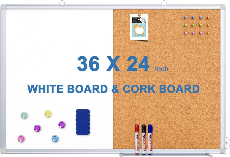 Tripollo Magnetic White Board and Cork Board Combo, 36 X 24 inches Whiteboard Bulletin Combination Board, Wall Mounted Dry Erase Message Board for Home, School and Office - Image 1