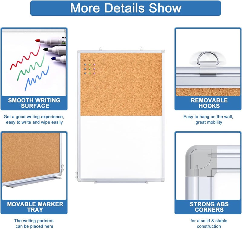 Tripollo Magnetic White Board and Cork Board Combo, 36 X 24 inches Whiteboard Bulletin Combination Board, Wall Mounted Dry Erase Message Board for Home, School and Office - Image 4