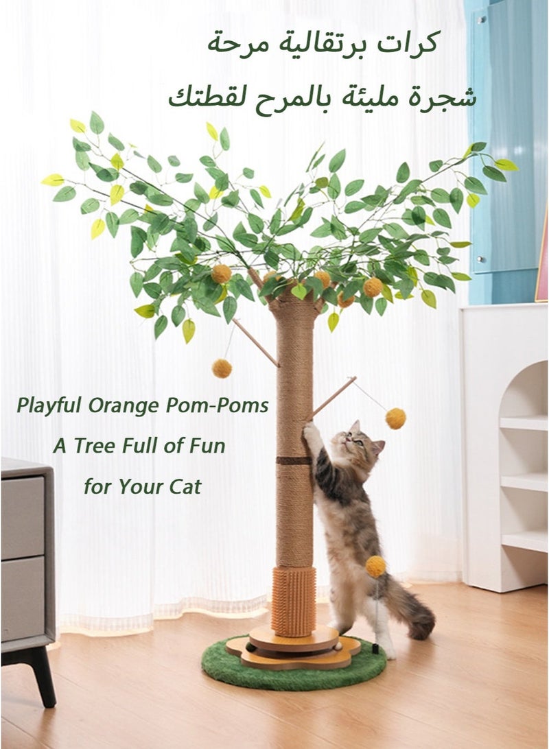 Orange Tree Cat Tower & Scratching Post - Realistic Foliage with Orange Pom-Poms | Premium Thick Sisal | Spinning Base Toy & Spring Ball | Built-In Groomer | Decorative Design for Saudi Indoor - Image 1