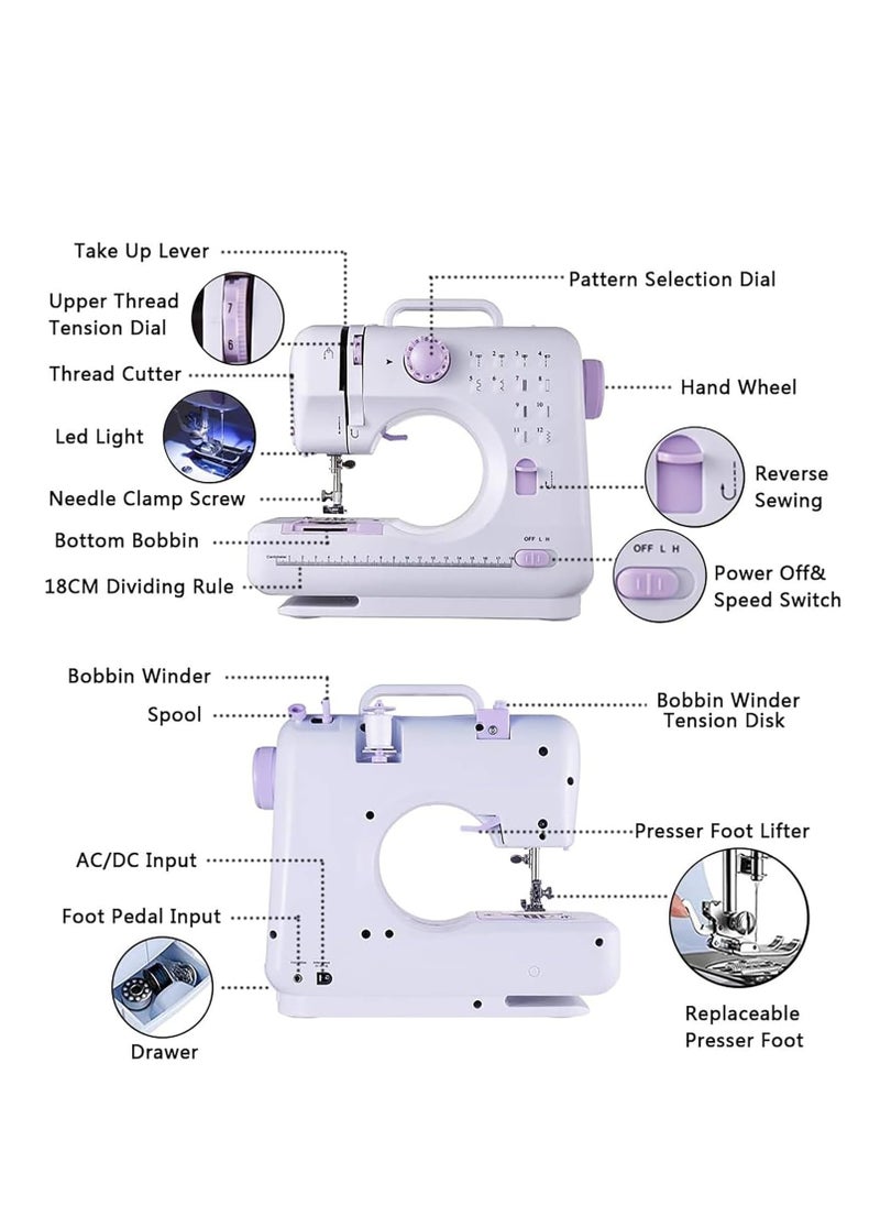 12-Stitch Electric Sewing Machine with Extension Table - Double Line and Double Speed - Portable Multifunctional Sewing Machine for Beginners and Kids