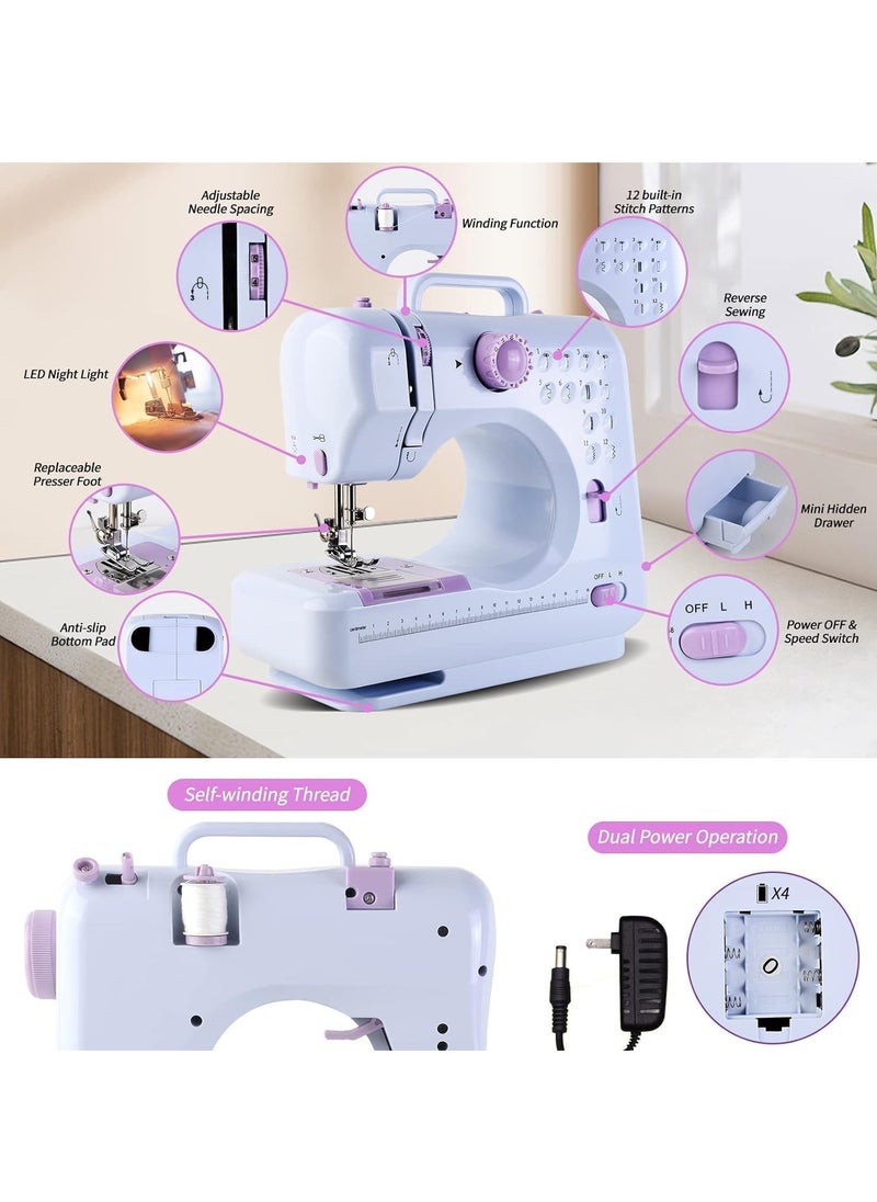 12-Stitch Electric Sewing Machine with Extension Table - Double Line and Double Speed - Portable Multifunctional Sewing Machine for Beginners and Kids