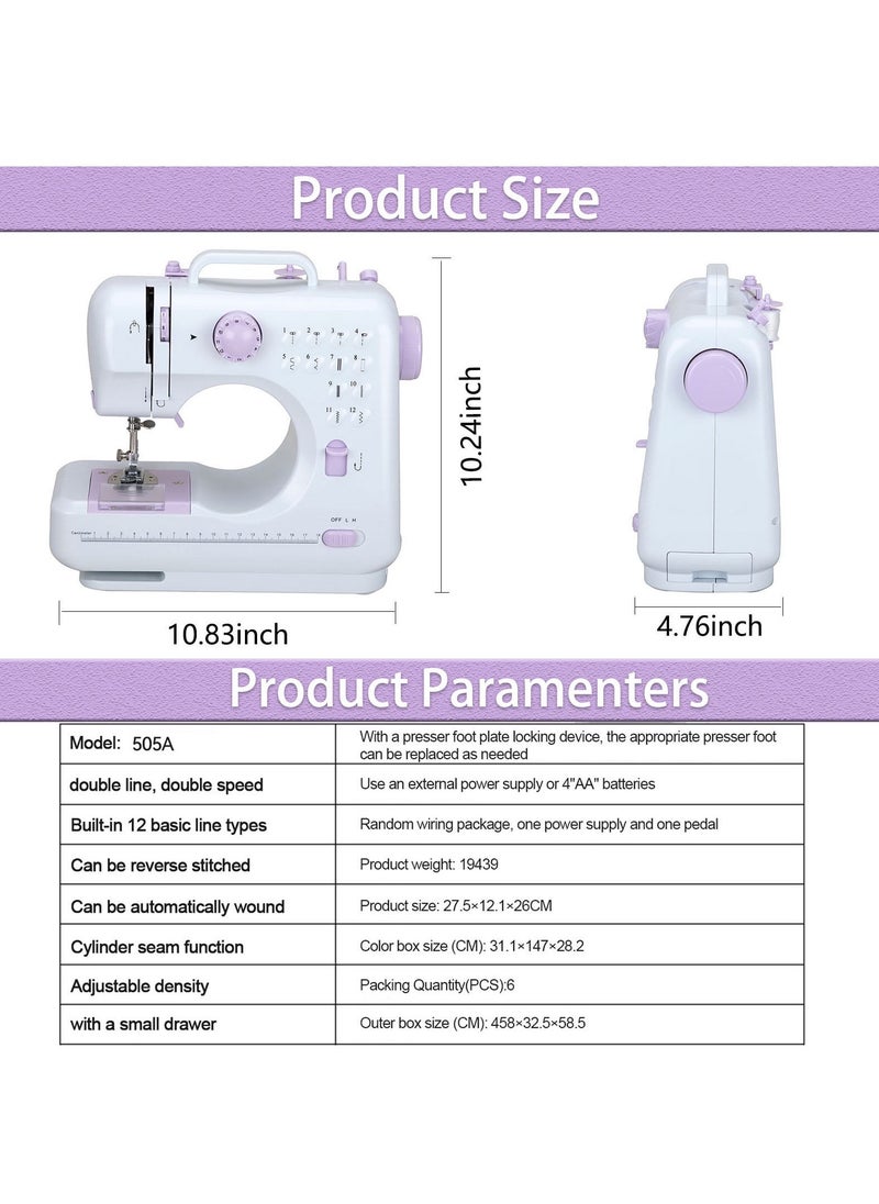 12-Stitch Electric Sewing Machine with Extension Table - Double Line and Double Speed - Portable Multifunctional Sewing Machine for Beginners and Kids