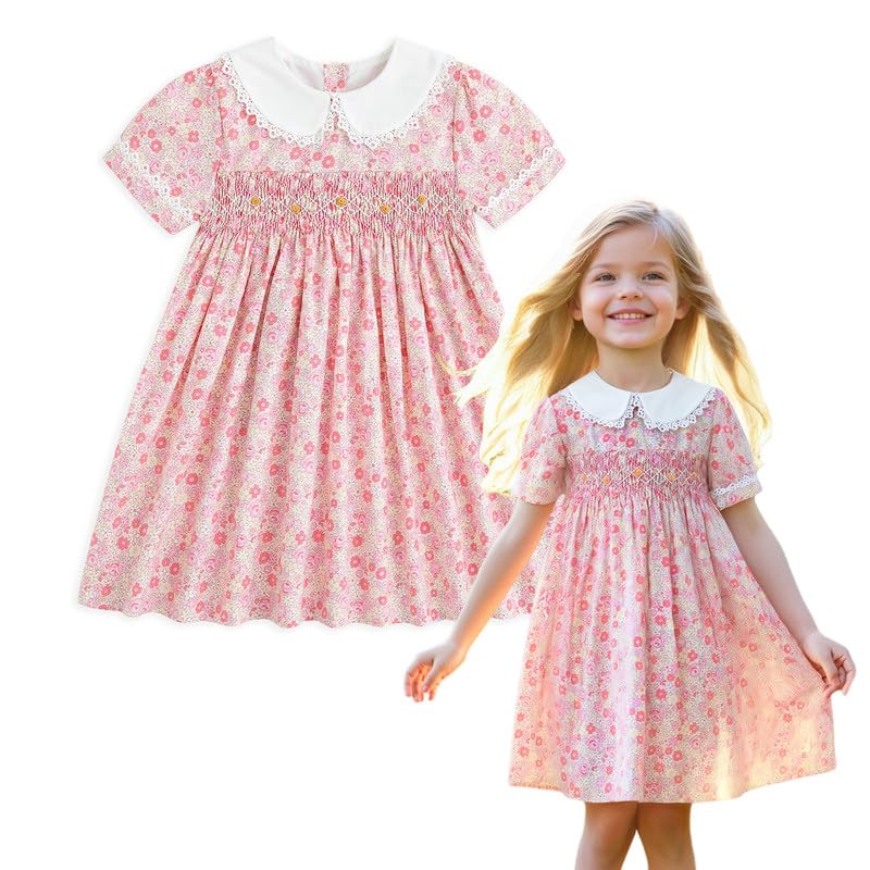 Curipeer Toddler Girl Dress Summer Floral Smocked Dresses for Girls Short Sleeve Playwear Sundress - Image 1