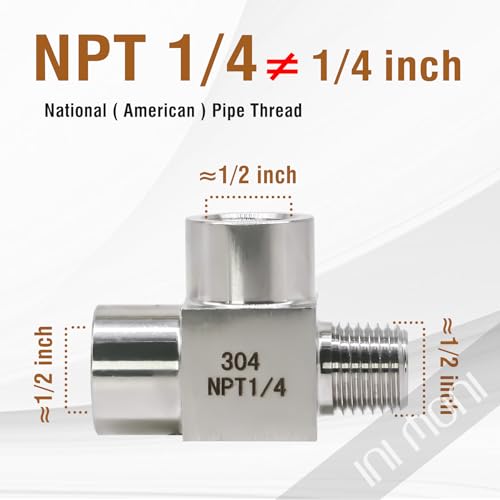 ini moni 3 way tee pipe fitting 1/4 NPT male run tee, 304 stainless steel T adapter, street pipe connector for vacuum chamber/pressure gauge, 4350 psi - Image 3