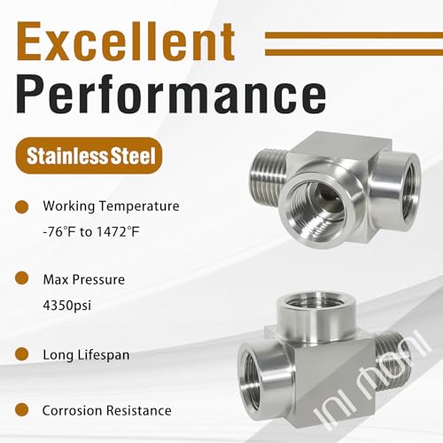 ini moni 3 way tee pipe fitting 1/4 NPT male run tee, 304 stainless steel T adapter, street pipe connector for vacuum chamber/pressure gauge, 4350 psi - Image 5