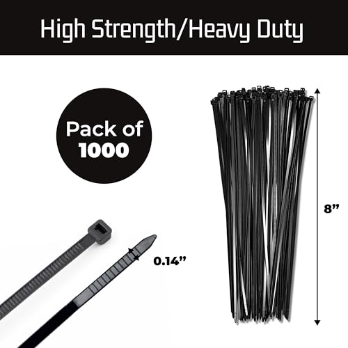 Bolt Dropper 1000-Piece Set of 8 Inch Black Zip Ties Heavy Duty - Self-Locking, UV-Resistant Nylon Cable Ties for Indoor and Outdoor Use, Ideal for Organizing, Securing, and Bundling Wires and Cables - Image 3