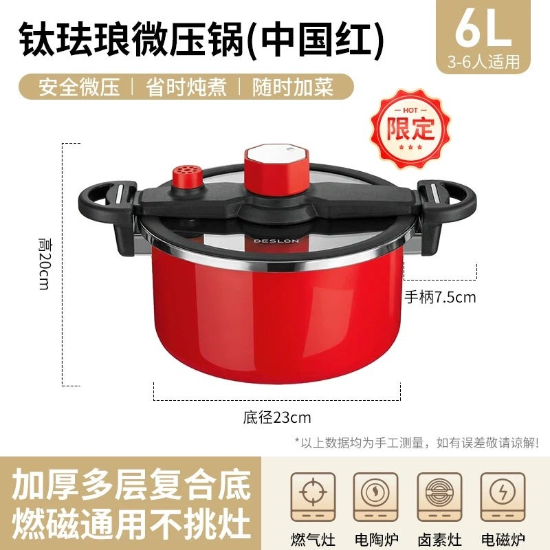 6L Enamel Micro-Pressure Cooker with Zero Coating & Zero Fluoride - Multi-Function Stew Pot for Soups Braising, Healthy Non-Toxic Cookware with Locking Lid for Flavor  Preservation