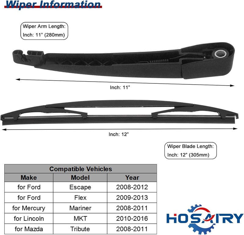 HOSAIRY Rear Wiper Arm Blade Set for Ford, Mazda, Mercury, and Lincoln Vehicles - Image 2