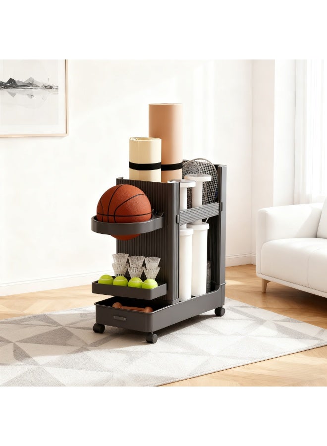 Rolling Sports Equipment Storage Cart with Ball Basket – 2-Tier Black Grey Organizer for Yoga Mats, Dumbbells and Balls - Image 1