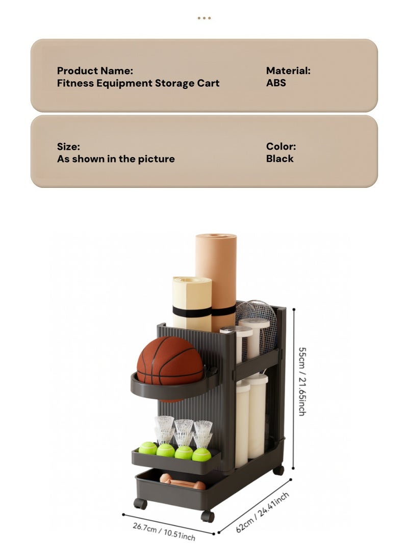 Rolling Sports Equipment Storage Cart with Ball Basket – 2-Tier Black Grey Organizer for Yoga Mats, Dumbbells and Balls - Image 2