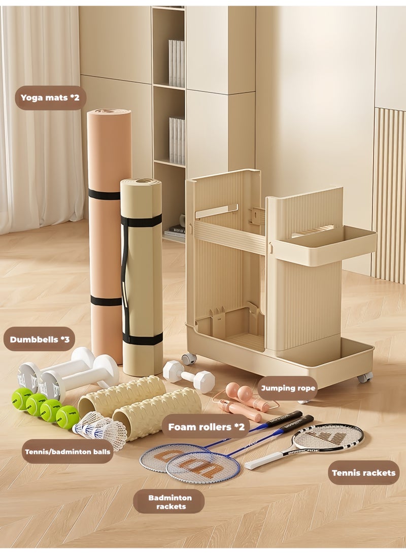 Rolling Sports Equipment Storage Cart with Ball Basket – 2-Tier Black Grey Organizer for Yoga Mats, Dumbbells and Balls - Image 3