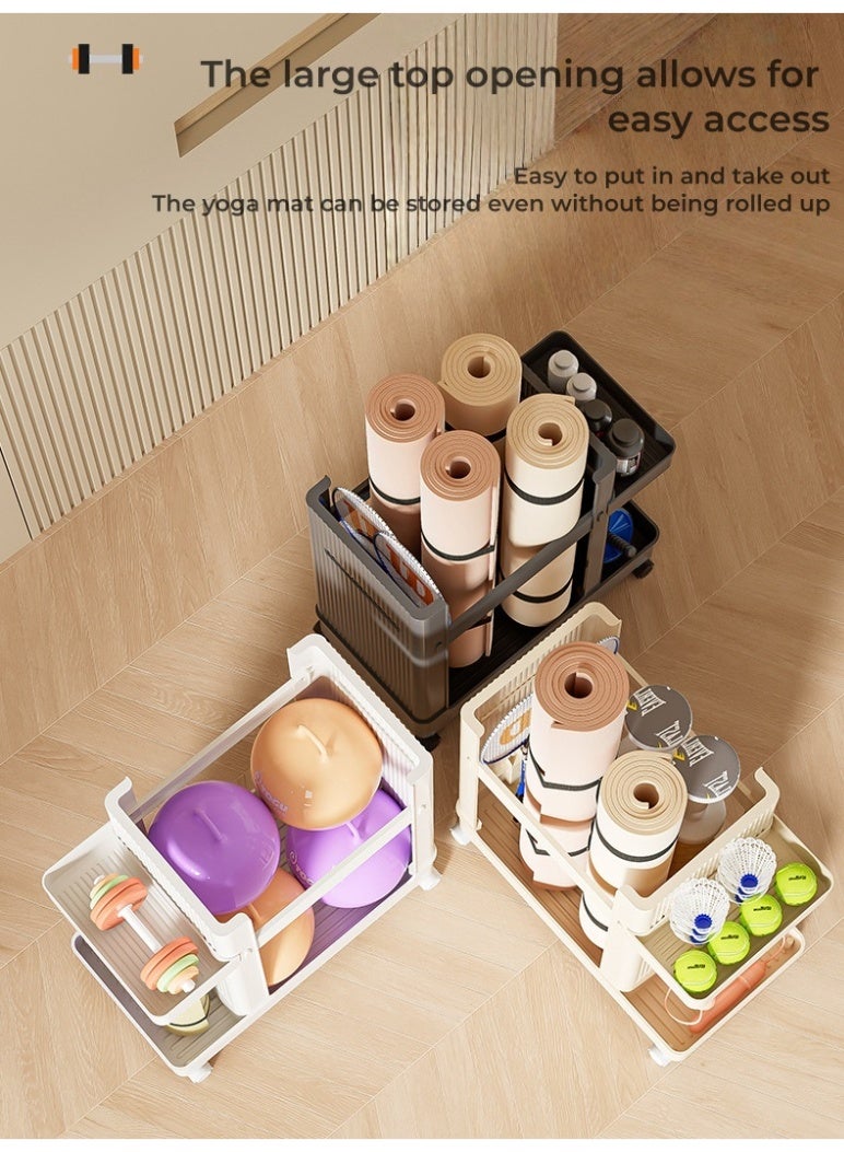 Rolling Sports Equipment Storage Cart with Ball Basket – 2-Tier Black Grey Organizer for Yoga Mats, Dumbbells and Balls - Image 5