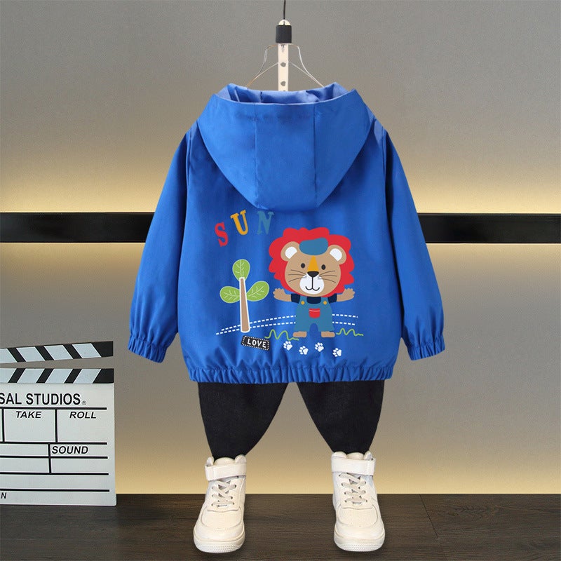 Boys Coat Spring and Autumn 2025 Childrens Wear New Spring Jacket Windbreaker Large Childrens Spring Clothes Boys Western Style Charge Clothes Blue (Pocket Lion) 