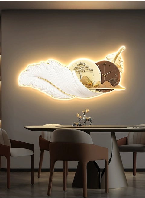 Elegant feather design lighted wall clock and plaque with luxury clock and LED lighting