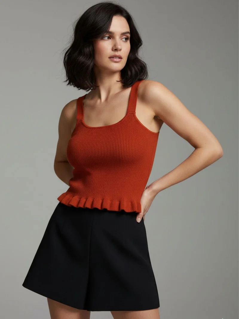 Outzidr Rust Rust Peplum Flat Knit Tank for Women | Best Price UAE