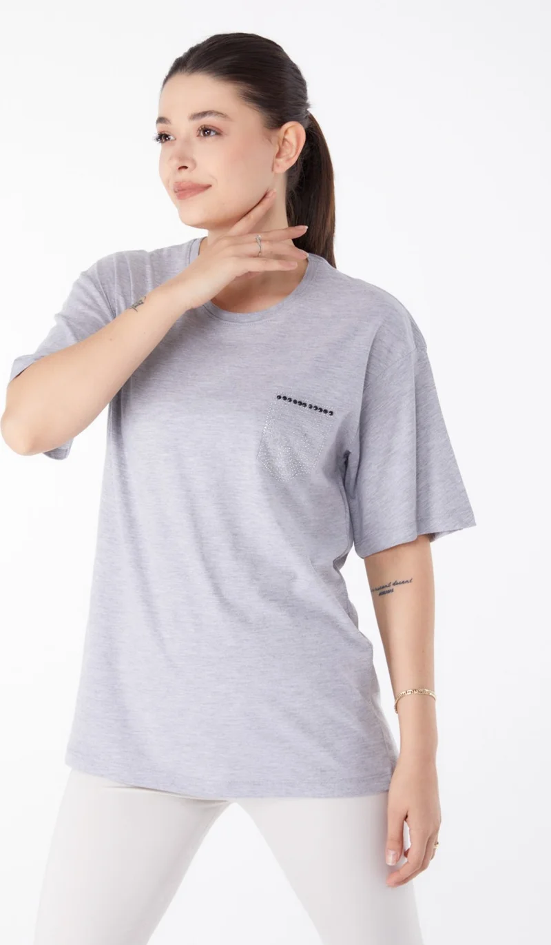 Tofisa Plain Crew Neck Women's Gray Stone T-Shirt - 25475