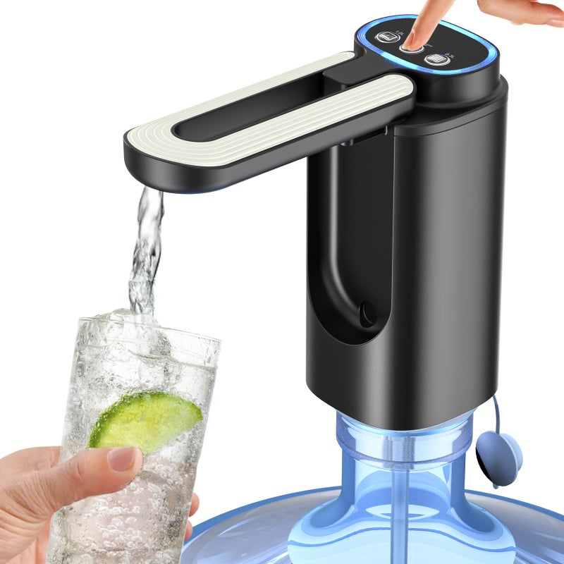 BY4U 3 Mode Foldable Nozzle 5 Gallon Water Dispenser Water Bottle Pump for 5 Gallon Portable Electric Water Jug Dispenser for Gallon Bottle Switch Light Black