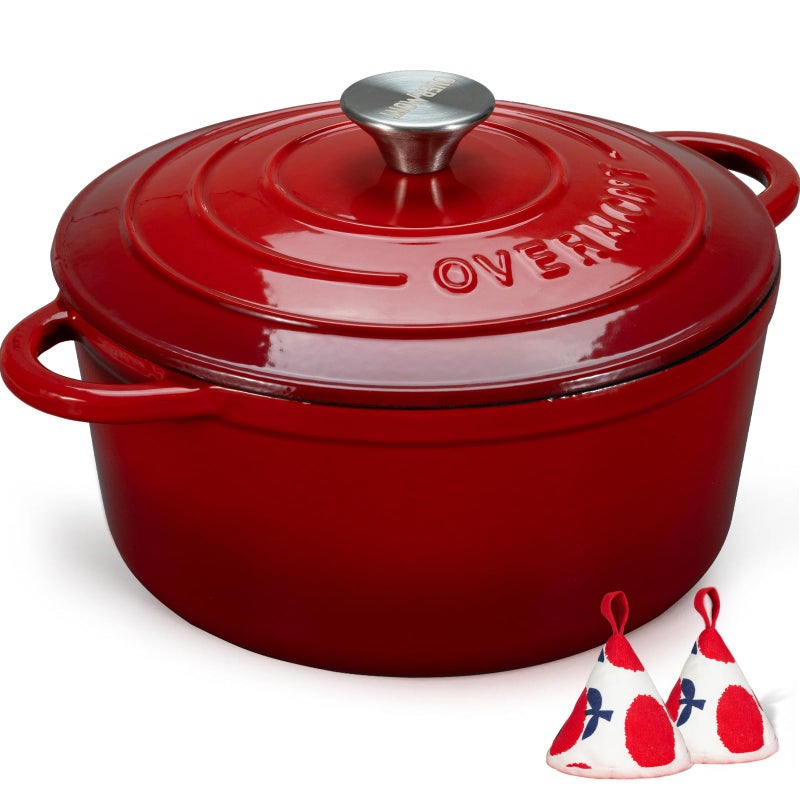 Overmont 5.5QT Enameled Cast Iron Dutch Oven with Lid Cookbook Heavy-Duty Casserole with Dual handles for Braising, Stews, Roasting, Bread Baking - Image 1