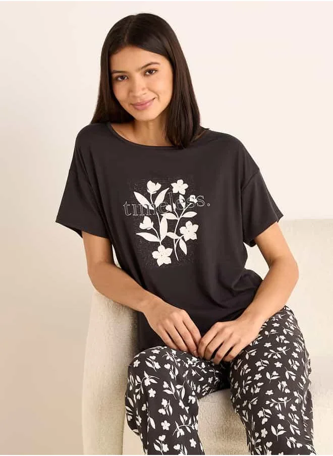 FAV Floral Print Round Neck T-shirt and Pyjama Set