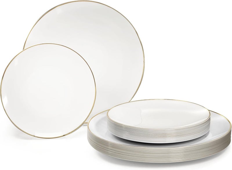 OCCASIONS FINEST PLASTIC TABLEWARE " OCCASIONS " 50 Plates Pack (25 Guests)-Wedding Party Disposable Plastic Plate Set -25 x 10.25'' Dinner + 25 x 7.5'' Salad & Dessert plates (Bali in White & Gold) - Image 1