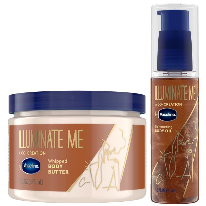 Vaseline Illuminate Me Body Butter & Body Oil - Shimmering Body Bronzer, Hydrating Whipped Organic Shea Butter with 24-Hour Moisture for Melanin-Rich Skin, Radiant Body Glow Oil (2 Piece Set) - Image 1
