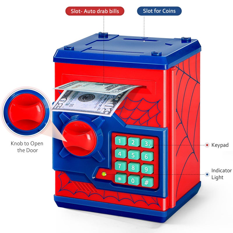 Vcertcpl ATM Piggy Bank for Boys Girls, Vcertcpl Mini ATM Coin Bank Money Saving Box with Password, Kids Safe Money Jar for Adults with Auto Grab Bill Slot, Great Gift Toy Bank for Kids S Red - Image 3