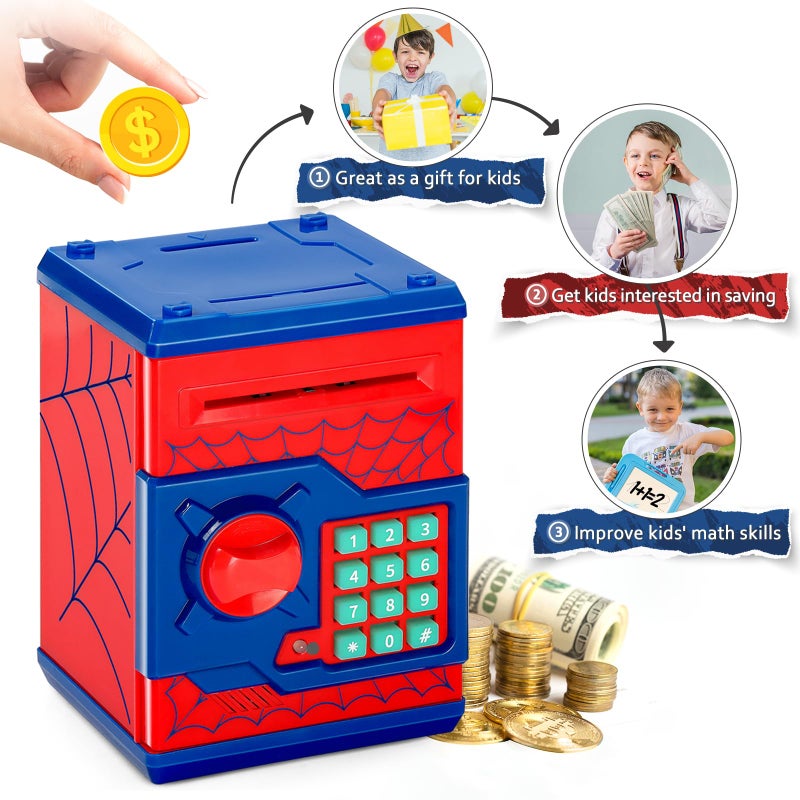 Vcertcpl ATM Piggy Bank for Boys Girls, Vcertcpl Mini ATM Coin Bank Money Saving Box with Password, Kids Safe Money Jar for Adults with Auto Grab Bill Slot, Great Gift Toy Bank for Kids S Red - Image 5