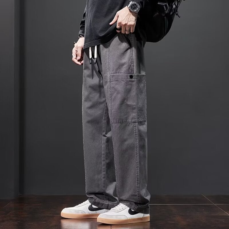 Khaki foreign trade overalls mens fashion brand spring and autumn new American high street loose straight wide-leg casual pants Gray (cavalry oblique)
